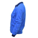 Side view of original Swedish military retro sports jacket in bold blue with ribbed cuffs and collar