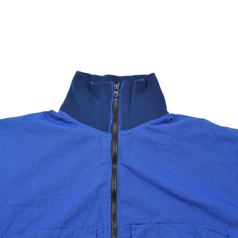 Front view of a blue original Swedish Military vintage sports jacket with high collar and black zipper closure