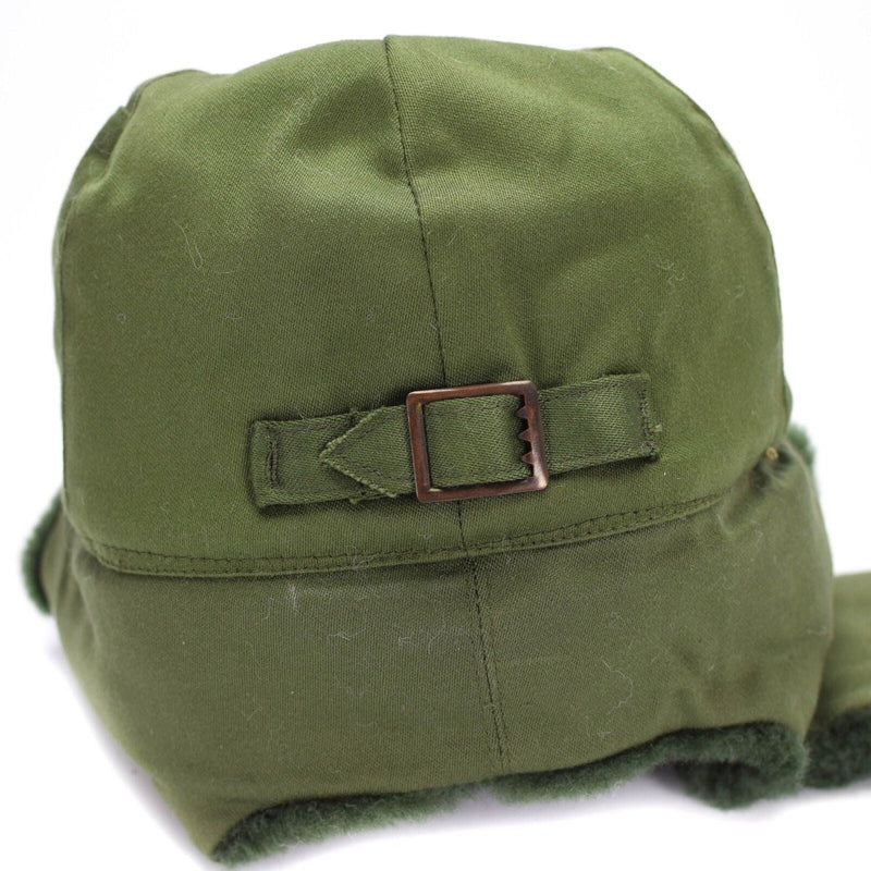 Green Swedish military M59 winter combat field cap with adjustable strap and fur lining for cold weather protection