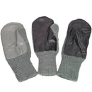 Original Swiss army gray wool mittens with leather palms, durable and warm for cold weather or military use.