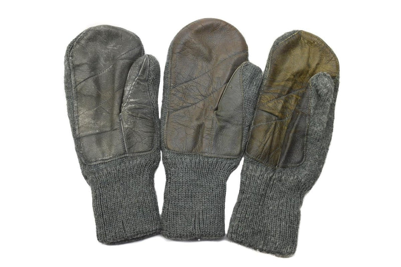 Original Swiss army gray wool mittens with durable leather palms for warmth and grip in cold weather conditions.