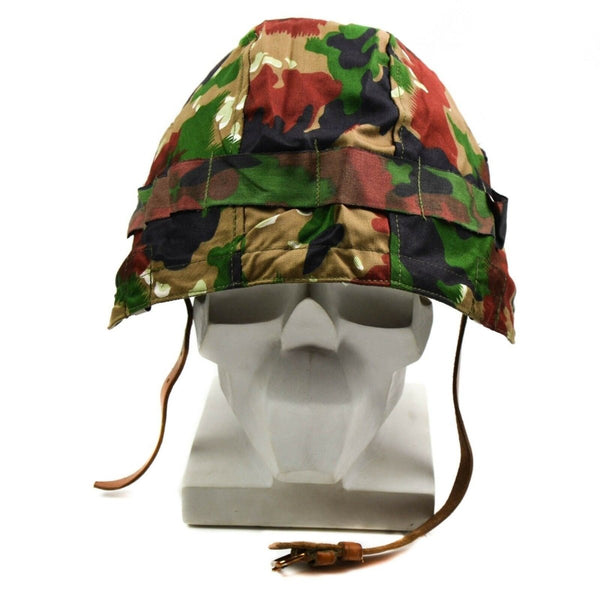 Original Swiss Army M71 military helmet cover with authentic Alpenflage camouflage in green, brown, and grey tones.