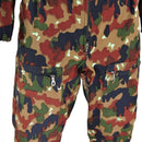 Close-up of original Swiss Alpenflage coverall suit with front zipper and zippered thigh pockets in camouflage pattern