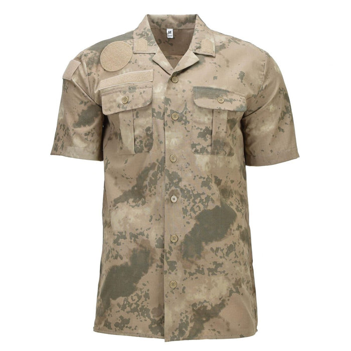 Original Turkish military short sleeve field shirt in M2021 camouflage pattern, durable cotton-blend fabric for hot weather use