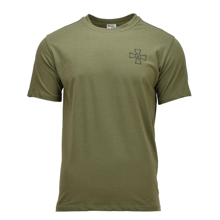 T-shirt militaire vert olive à manches courtes avec l'emblème Tryzub des forces armées ukrainiennes sur la poitrine, tissu en coton mélangé respirant