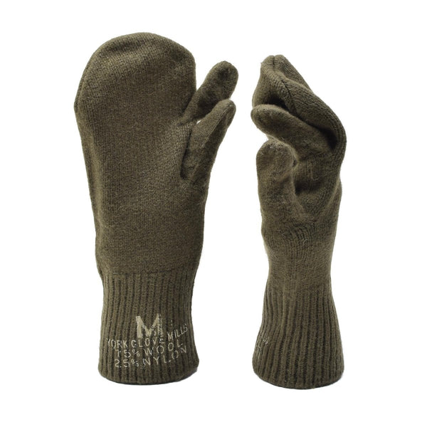 Original U.S. military trigger mittens in olive wool nylon blend designed for warmth and trigger finger dexterity
