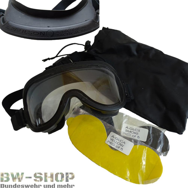 Paulson 510 A-TAC tactical goggles with dual polycarbonate lenses, silicone frame, adjustable strap, and lens covers.