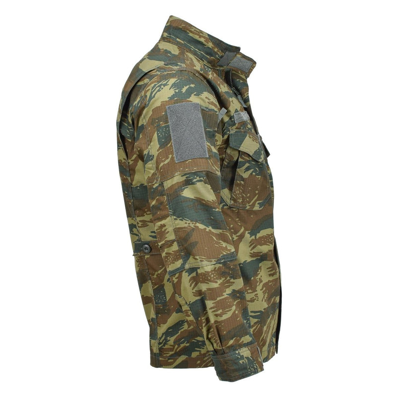 Side view of Pentagon Lycos water-repellent military jacket in Greek army lizard camo with reinforced elbows and patches