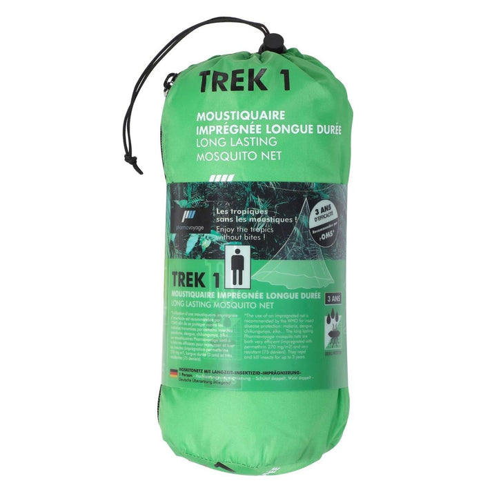 Zielone opakowanie z moskitierą z napisem „Trek 1” na białym tle
