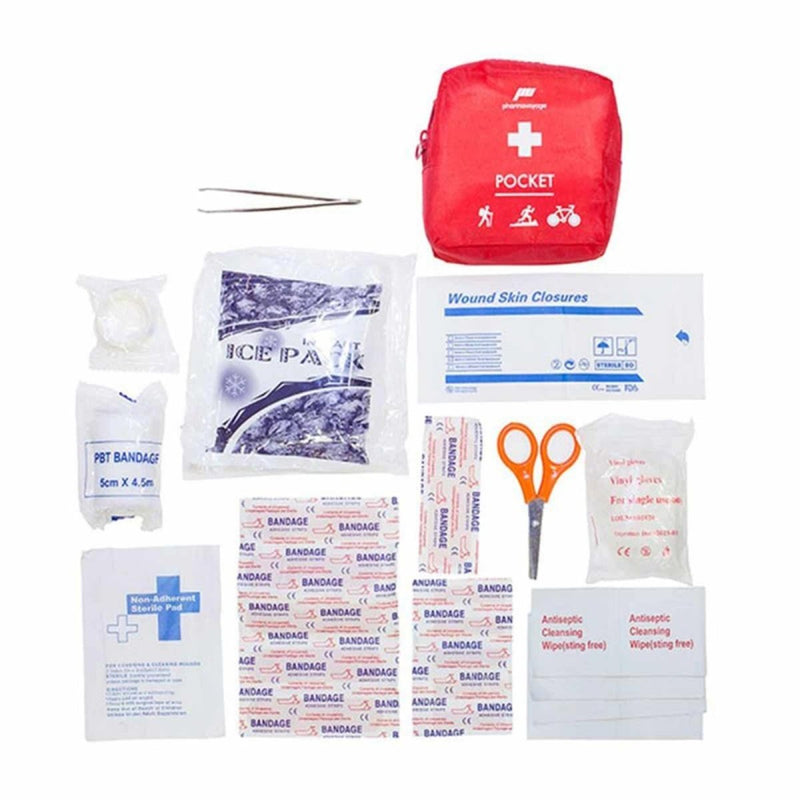 First aid kit with various supplies including a red pocket first aid bag on a white background.
