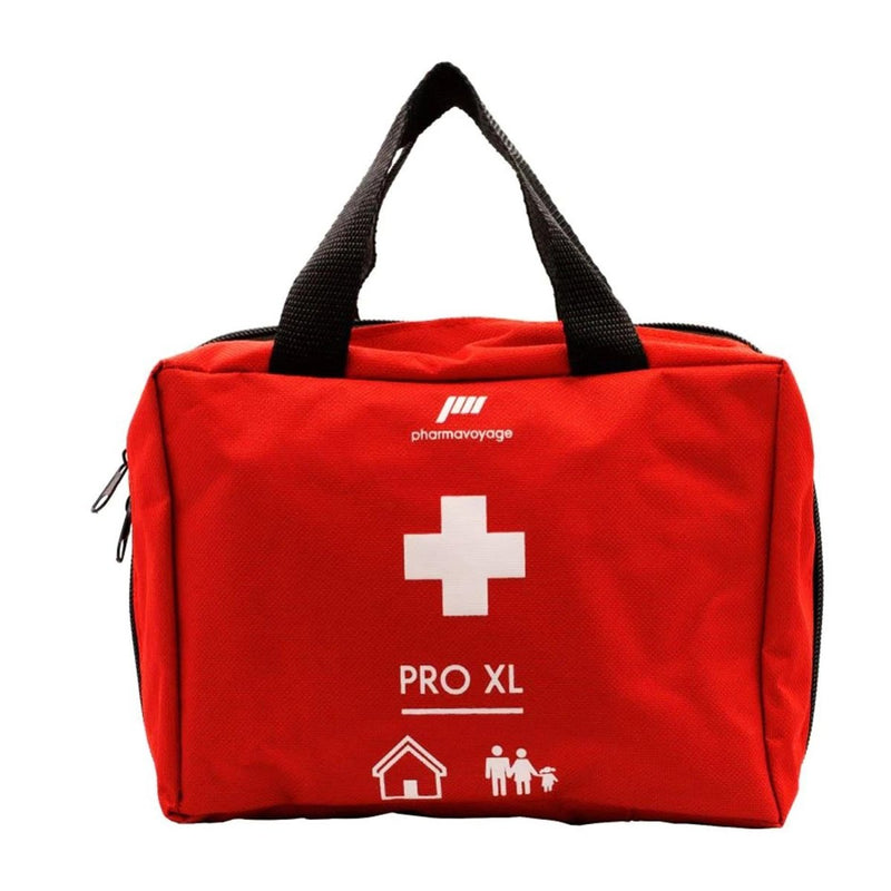 Red first aid bag with black handles on a white background