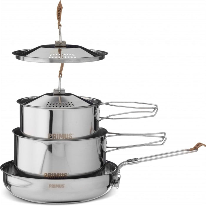 Primus Campfire Cookset S pentole e padella in acciaio inossidabile con manici e coperchi ventilati, set di pentole da campeggio compatto