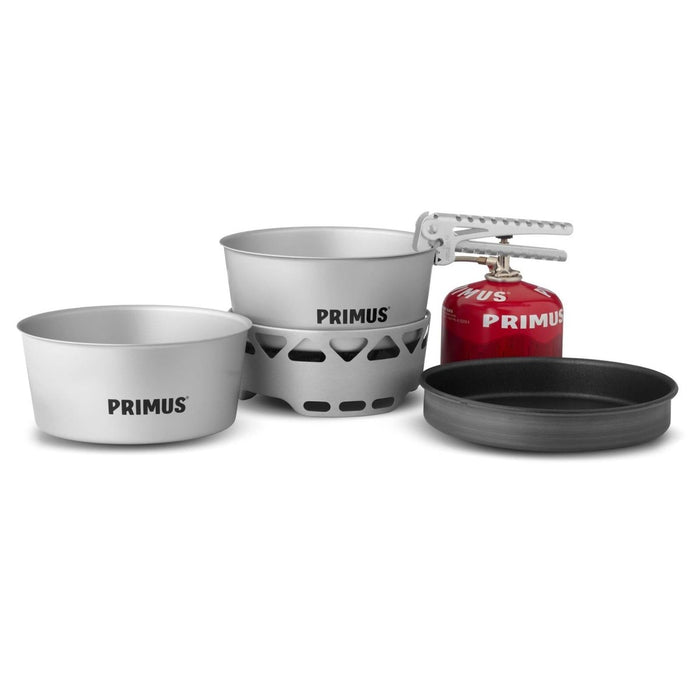 Primus Essential Kocher-Set mit 1,3-Liter-Topf, Pfanne und kompaktem, leichtem Camping-Gaskocher zum Kochen im Freien.