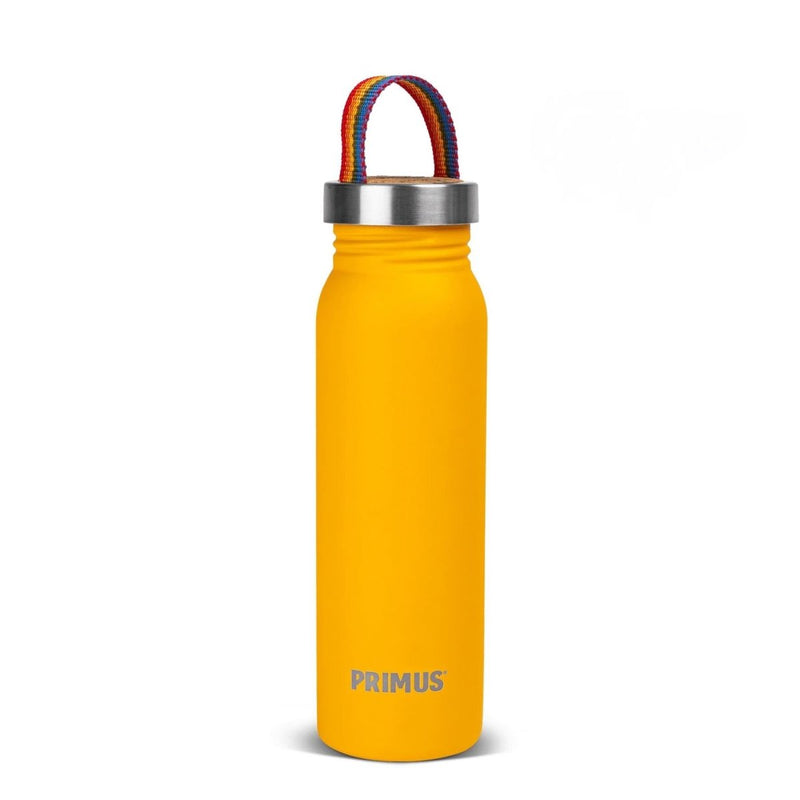 Yellow Primus Klunken 700ml lightweight stainless steel water bottle with rainbow fabric loop for outdoor activities