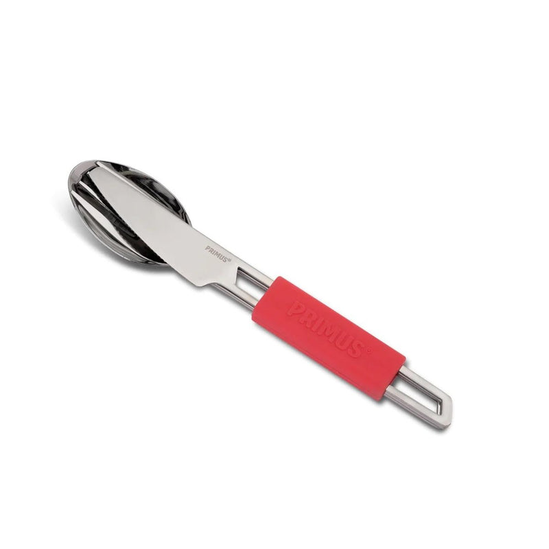 Primus lightweight camping cutlery set with fork, knife, spoon, and red silicone grip for outdoor hiking and travel.