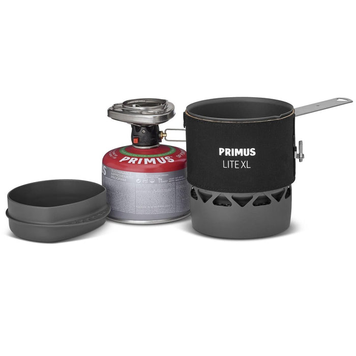 Ensemble de cuisine de camping Primus Lite XL avec casserole de 1 L, brûleur léger et bidon de carburant portable pour les repas en plein air.