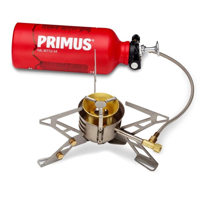 Primus MultiFuel III Wanderkocher mit roter Brennstoffflasche, kompaktes tragbares Design für Outdoor-Camping und den Einsatz mehrerer Brennstoffe
