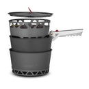 Primus PrimeTech 1.3L camping stove set with pots, burner, folding handle, and pot lid for outdoor cooking.