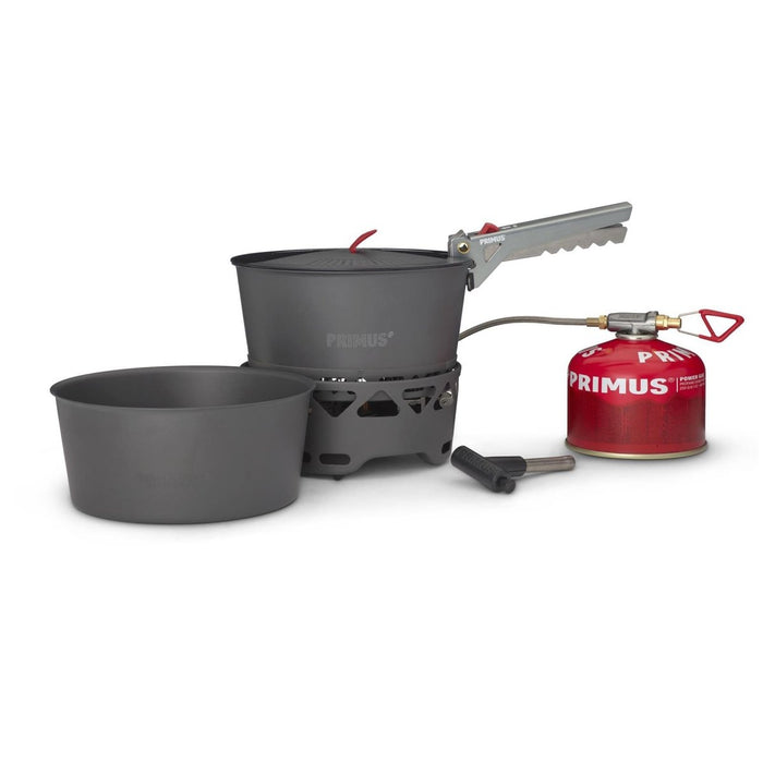 Ensemble de réchaud de camping Primus PrimeTech 1,3 L avec deux casseroles, un brûleur, un bidon de carburant et une pince à casserole pour la cuisine en plein air