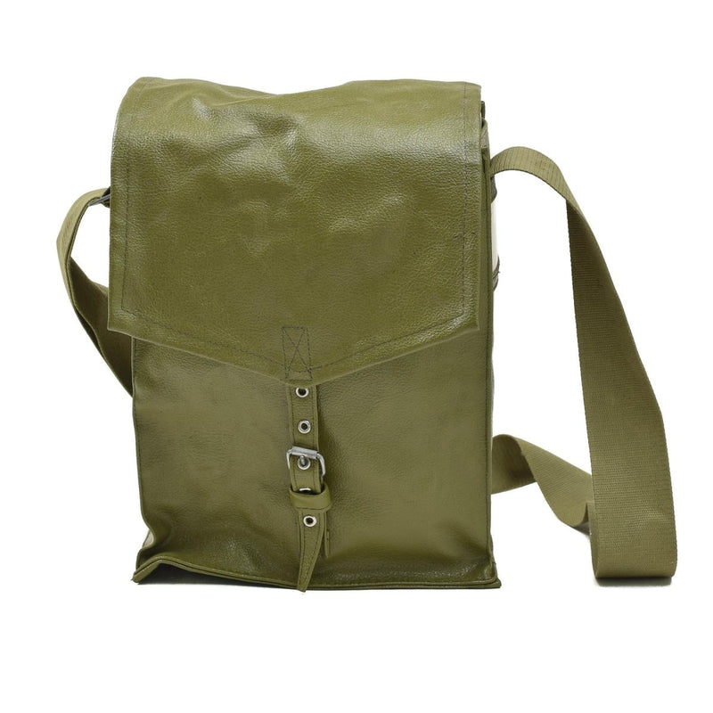 Vintage olive green military surplus bag designed to carry the Romanian M74 gas mask full face NBC respirator