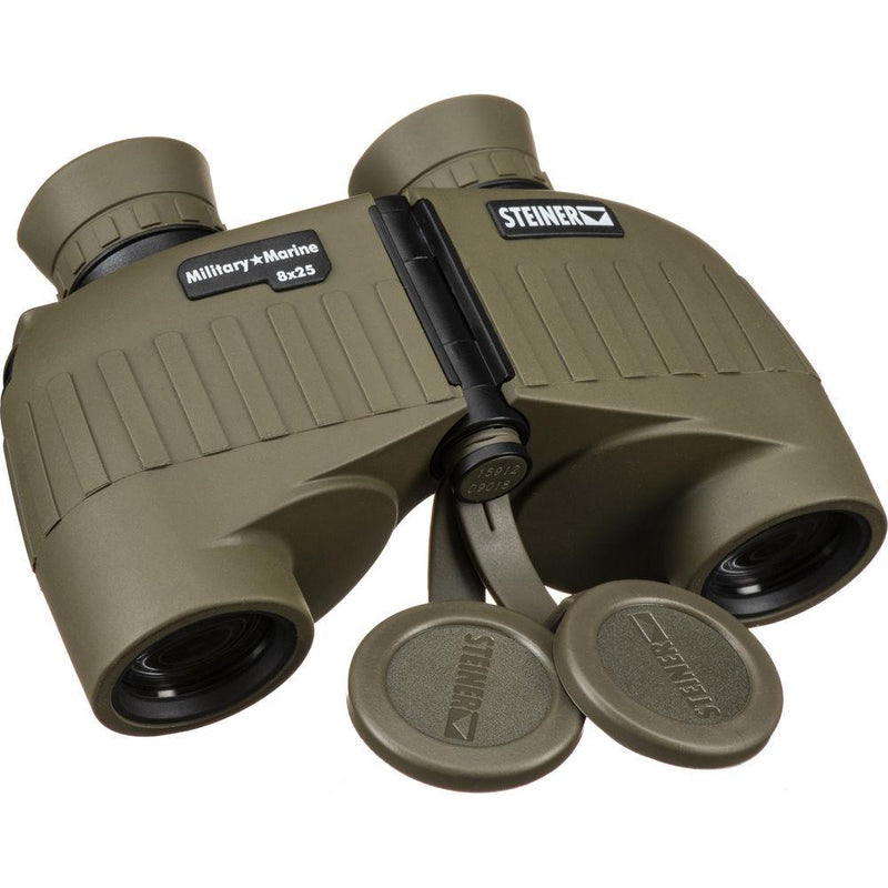 Olive green Steiner Military Marine 8x25 binoculars with rugged design and protective lens covers attached.