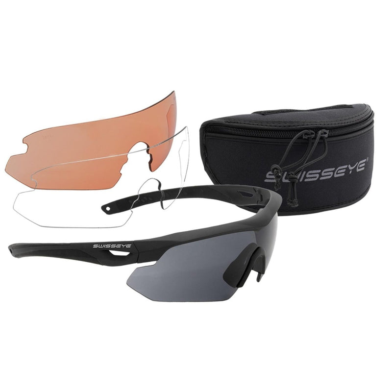 SWISS EYE safety shooting goggles with three interchangeable lenses and a tactical carrying case for protection and comfort