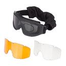 Black tactical goggles with interchangeable clear and amber lenses and adjustable elastic strap for secure fit