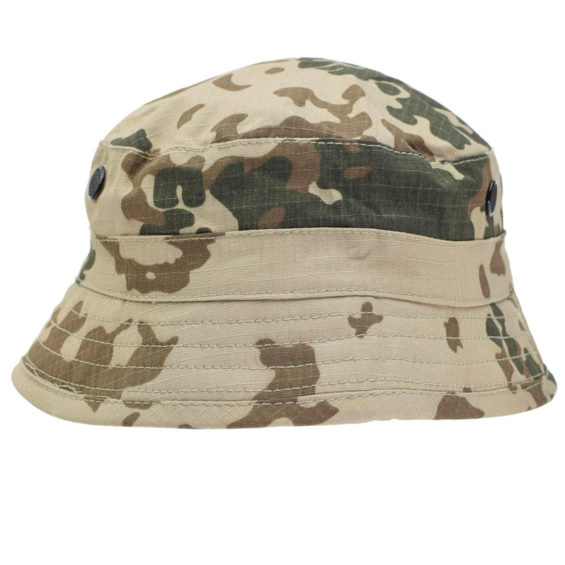 Desert Flecktarn camo ripstop bucket boonie hat with wide brim, breathable ventilation, and durable military design.