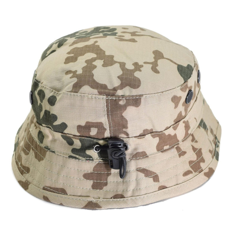 TACGEAR German Army style bucket hat in desert flecktarn camo ripstop with adjustable chin strap and wide brim.