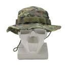 German military style Boonie hat with flecktarn camo, wide brim, and ripstop fabric displayed on a white mannequin head