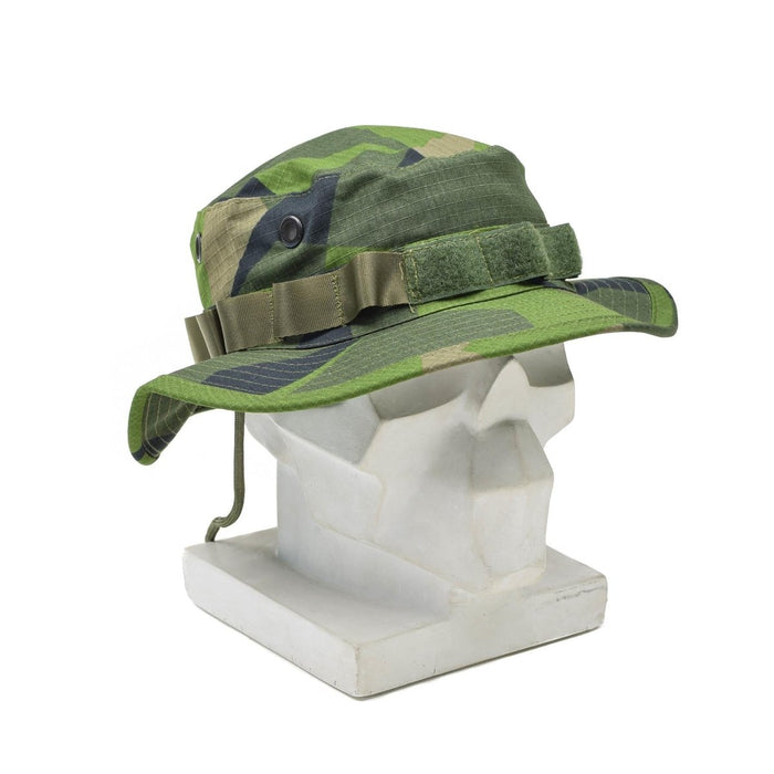 Swedish military style boonie hat in green Splinter camo ripstop fabric with wide brim and ventilation eyelets