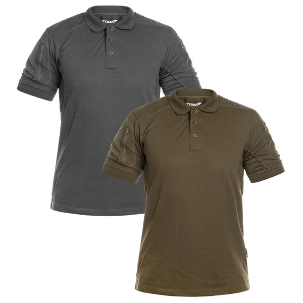 Two TEXAR Elite Pro tactical short sleeve polo shirts in gray and olive green for military and outdoor use