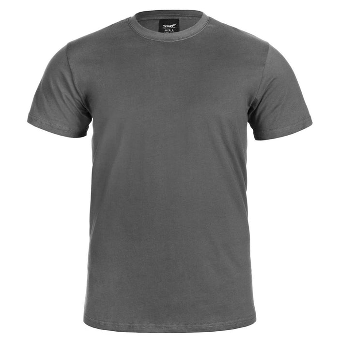 Graues T-Shirt-Unterhemd aus TEXAR-Militärbaumwolle mit atmungsaktivem Stoff und verstärkten Nähten für Haltbarkeit und Komfort.