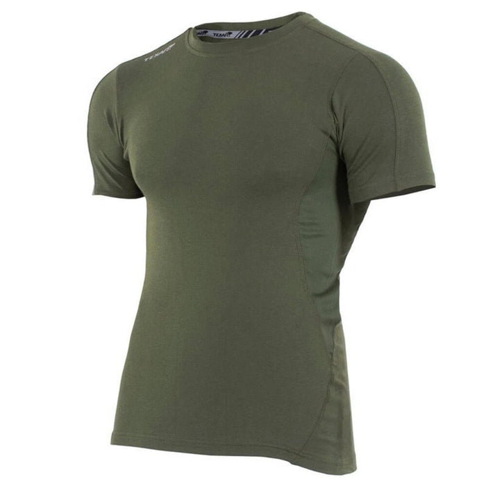 Olivgrünes, kurzärmliges taktisches Basisschicht-Unterhemd von TEXAR für den Militär- und Outdoor-Einsatz mit atmungsaktivem Stoff.