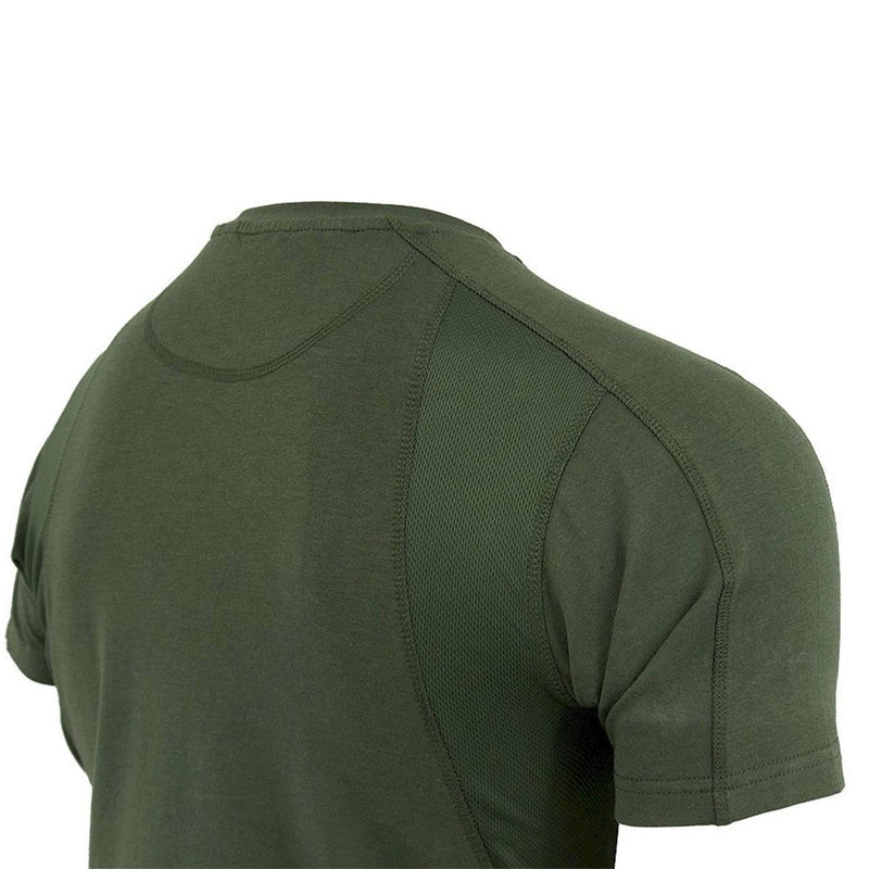 Rear view of olive green TEXAR military base layer short sleeve undershirt with breathable mesh panels and reinforced stitching