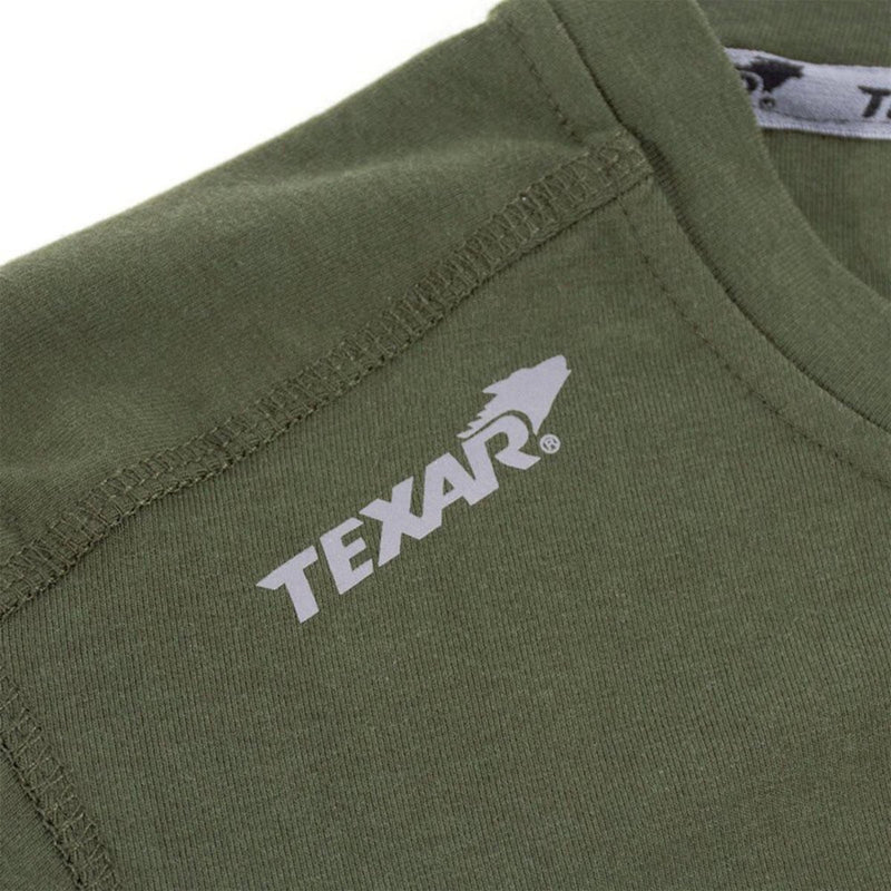 Close-up of olive green TEXAR military wear short sleeve base layer undershirt with reinforced stitching and logo detail.