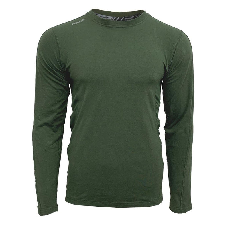 Green TEXAR military thermal undershirt long sleeve designed for warmth, comfort, and durability in cold conditions.