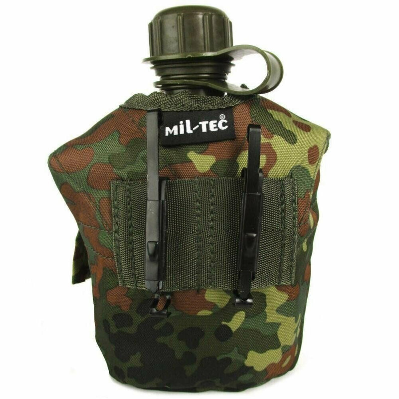 U.S. Army style M1 canteen with camouflage cover, cover cup, and alice clips for outdoor and military use
