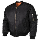Black U.S. Army MA1 bomber jacket with gold zipper, ribbed cuffs, and multiple pockets for a military-inspired look.