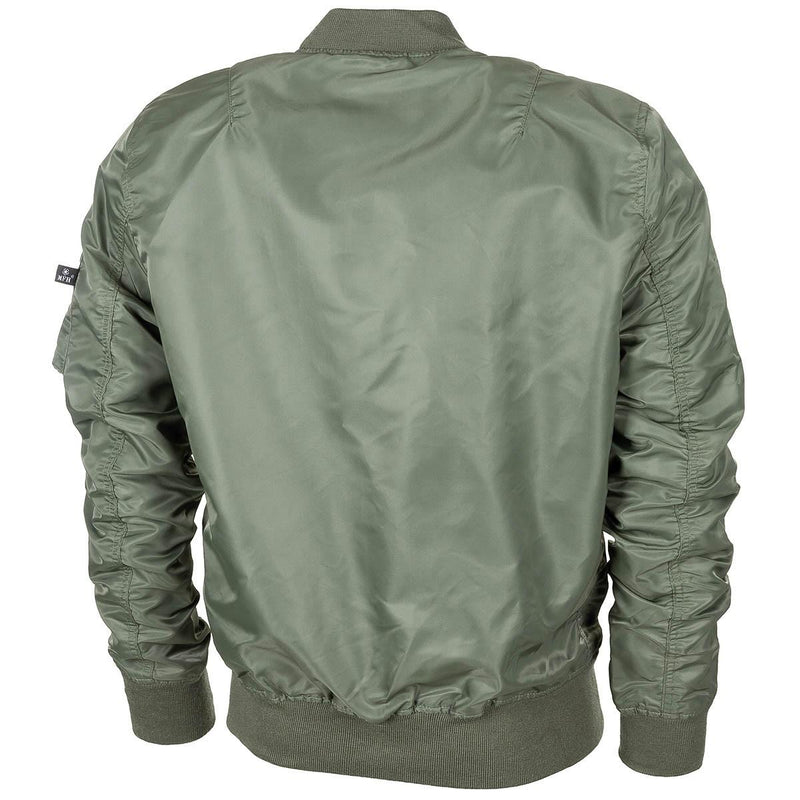 Back view of olive green U.S. military style MA1 bomber jacket with elastic cuffs and waistband, windproof design