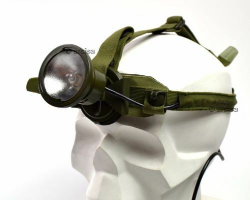 Green headlamp on a mannequin head with a white background