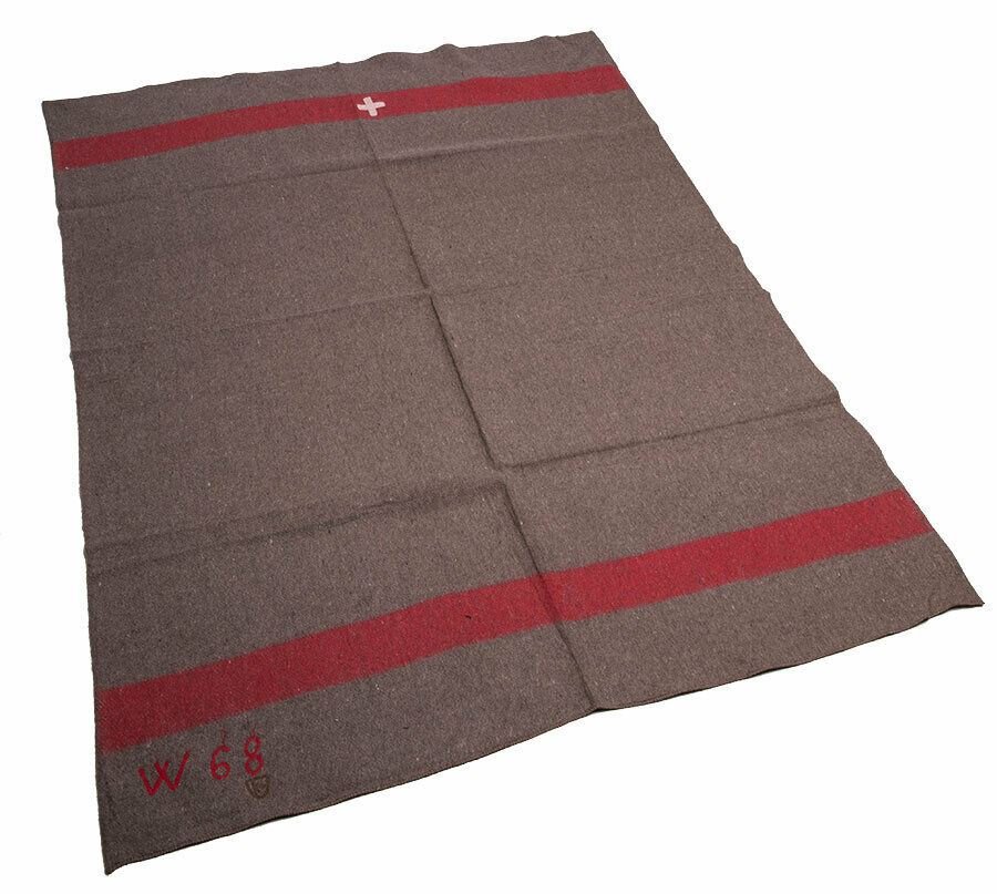 Vintage Schweizer Armee Decke Wolle Militär Wolle rot Streifen Kreuz REPRO NEU