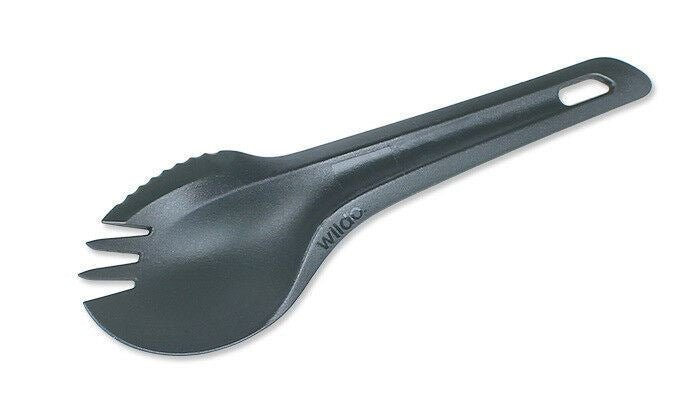 Black Wildo spork combining spoon and fork with serrated edge for outdoor dining and camping use