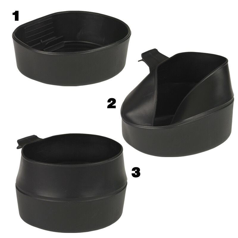 Black collapsible camping cup shown in three stages of expansion for portable outdoor use