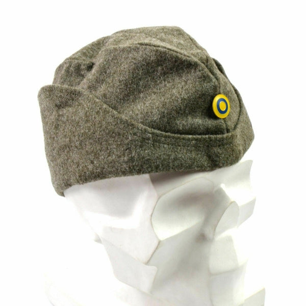 WWII Swedish army winter wool side cap with blue and yellow roundel emblem military field garrison hat