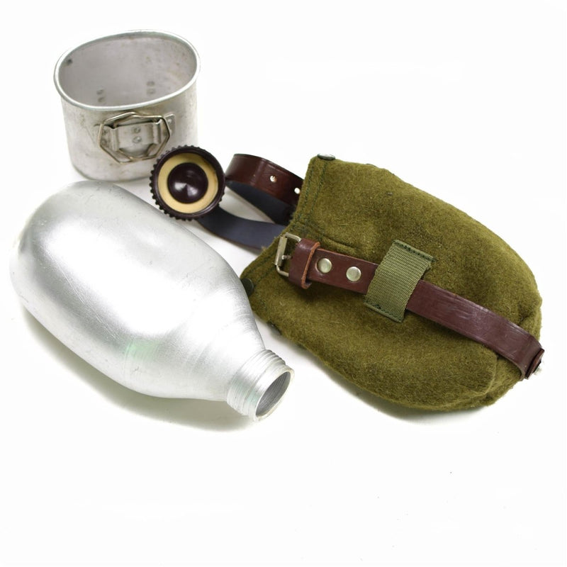Original Romanian canteen cup felt cover vintage bottle lightweight aluminum leather strap