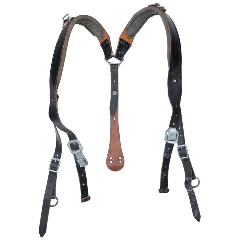 Original Austrian army Y-Strap braces genuine leather vintage military surplus Black finish shoulder pads attachment hardware